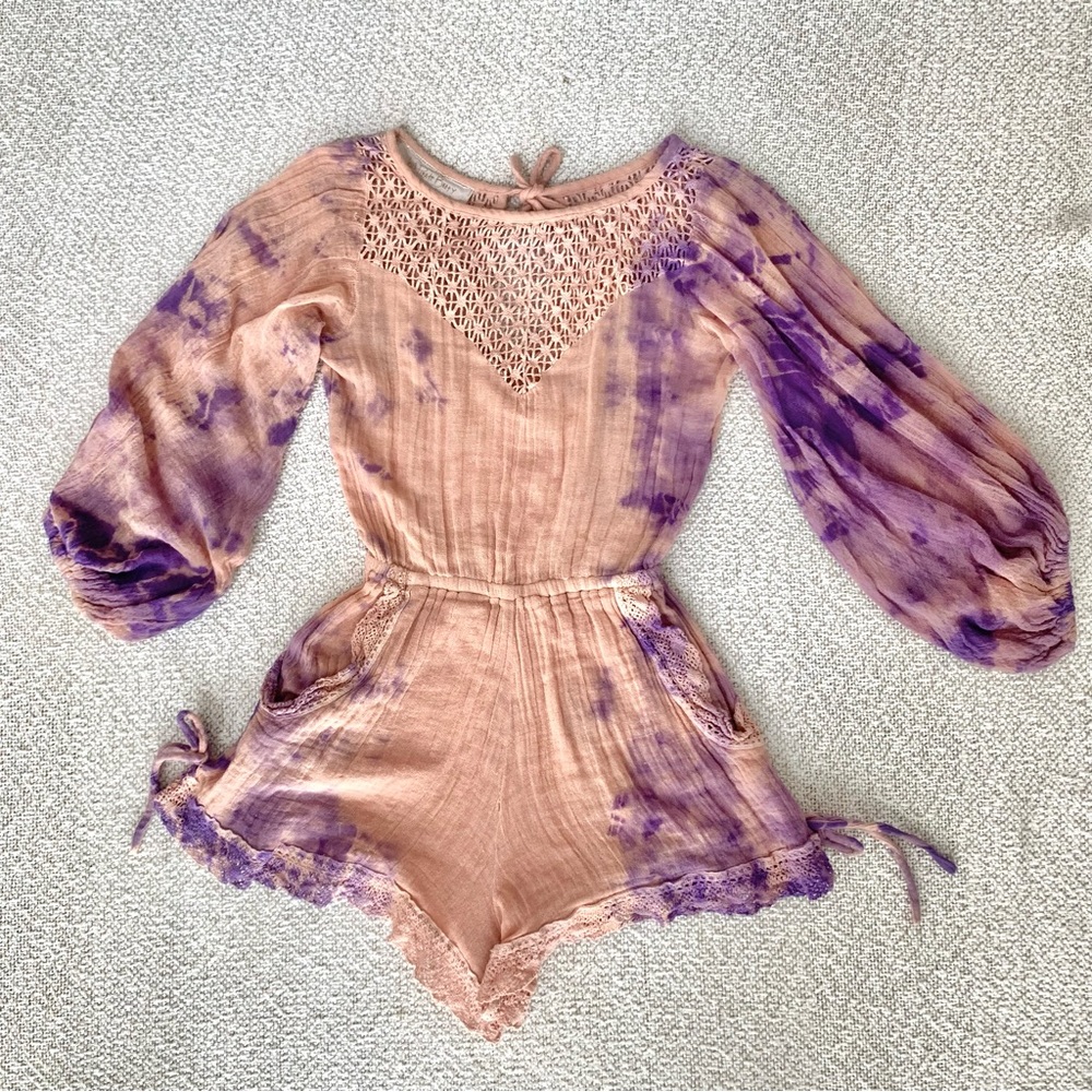 Like new—Jen’s Pirate Booty romper, peach+purple, crochet details